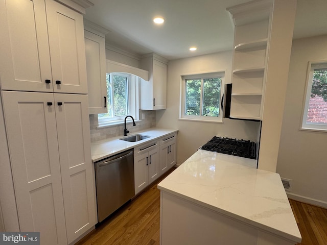 6232 18th Rd N, Arlington, VA 22205 - kitchen with stainless steel dishwasher, open shelves, backsplash, dark wood finished floors, and white cabinets