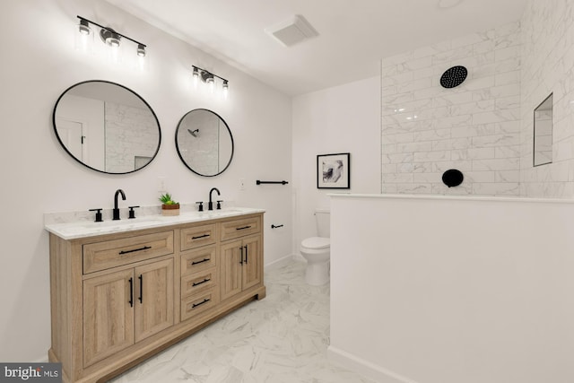 6232 18th Rd N, Arlington, VA 22205 - bathroom featuring marble look tile flooring, walk in shower, and double vanity