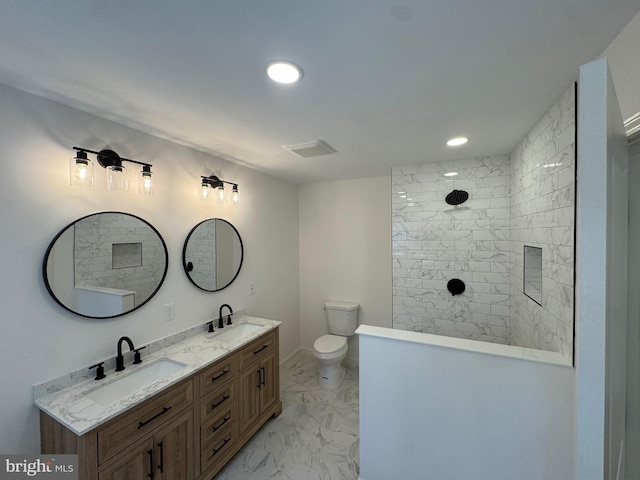 6232 18th Rd N, Arlington, VA 22205 - full bath with marble look tile flooring, double vanity, a walk in shower, and recessed lighting
