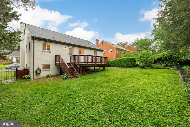6232 18th Rd N, Arlington, VA 22205 - rear view of house with brick siding, a wooden deck, stairs, a chimney, and roof with shingles
