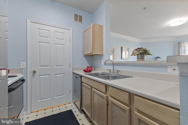 1581 Spring Gate Dr Unit 5309, Mclean, VA 22102 - kitchen featuring white electric stove, light floors, dishwasher, light brown cabinets, and light countertops