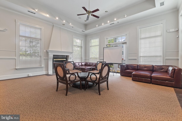 1581 Spring Gate Dr Unit 5309, Mclean, VA 22102 - carpeted dining space with ornamental molding, ceiling fan, a large fireplace, and a tray ceiling