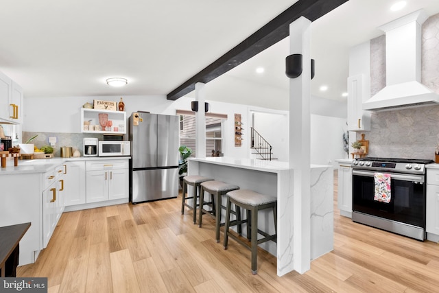 634 Tabernacle Rd, Medford, NJ 08055 - kitchen with stainless steel appliances, premium range hood, backsplash, light wood-style flooring, and beam ceiling