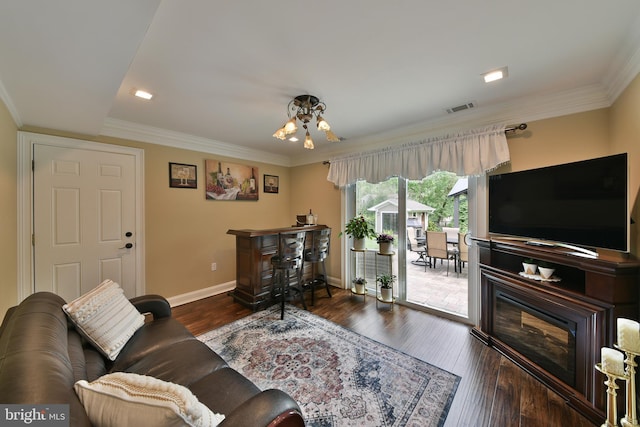 342 Glenn Ave, Lawrenceville, NJ 08648 - living room with ornamental molding, dark wood-type flooring, and a chandelier