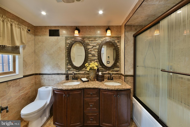 342 Glenn Ave, Lawrenceville, NJ 08648 - full bathroom with double vanity, combined bath / shower with glass door, and tile walls