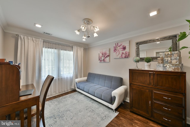 342 Glenn Ave, Lawrenceville, NJ 08648 - office area with a chandelier, dark wood-type flooring, and ornamental molding