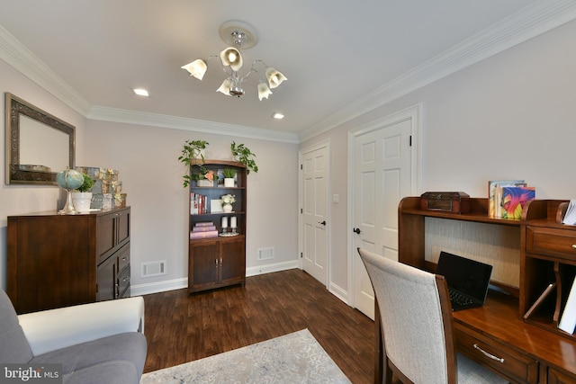 342 Glenn Ave, Lawrenceville, NJ 08648 - office space with a chandelier, dark wood-type flooring, crown molding, and recessed lighting