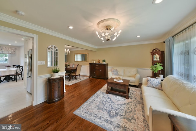 342 Glenn Ave, Lawrenceville, NJ 08648 - living area featuring a chandelier, wainscoting, crown molding, dark wood-style flooring, and recessed lighting