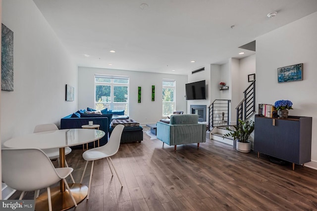 3509 Sutton Heights Cir, Fairfax, VA 22031 - living area with dark wood-style flooring, stairway, and recessed lighting