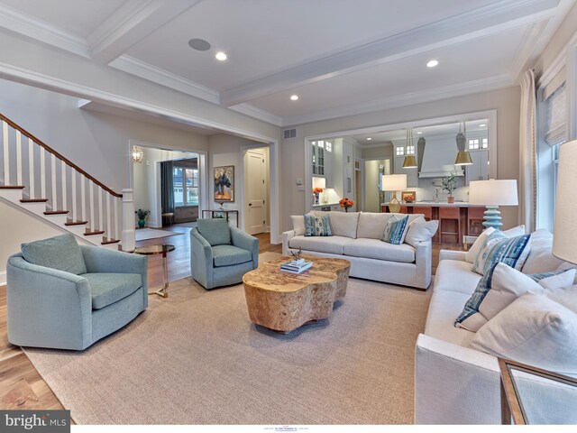 204 Walnut Tree Ln, Malvern, PA 19355 - living area featuring beam ceiling, crown molding, light wood-style flooring, stairs, and recessed lighting