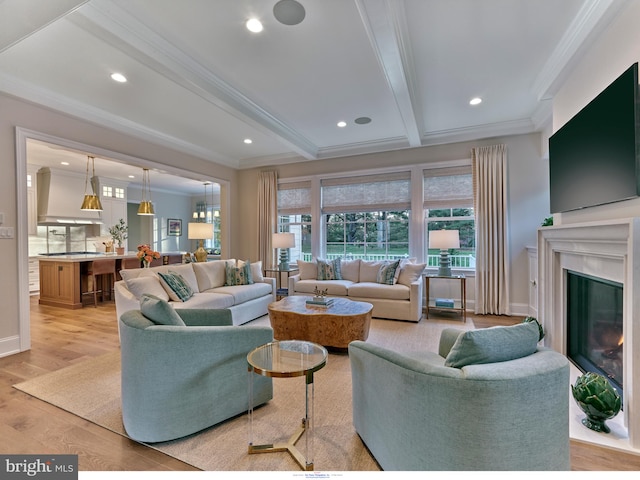 204 Walnut Tree Ln, Malvern, PA 19355 - living room with crown molding, beamed ceiling, light wood finished floors, a glass covered fireplace, and recessed lighting
