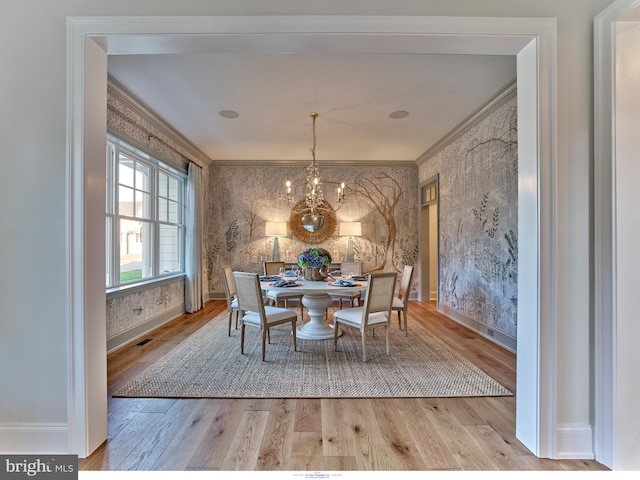 204 Walnut Tree Ln, Malvern, PA 19355 - dining area with wallpapered walls, ornamental molding, wood finished floors, and a chandelier