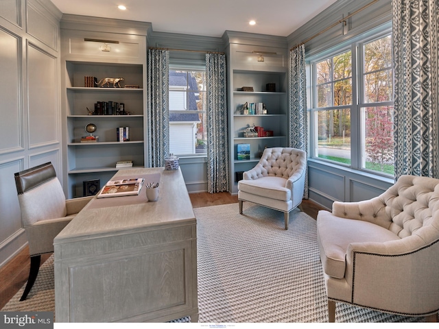 204 Walnut Tree Ln, Malvern, PA 19355 - home office with wood finished floors, healthy amount of natural light, recessed lighting, crown molding, and built in shelves