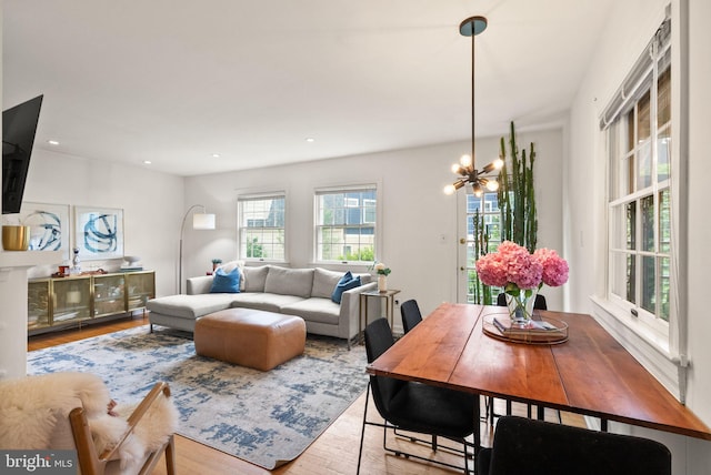 6018 25th Rd N, Arlington, VA 22207 - dining space with wood finished floors, a chandelier, and recessed lighting