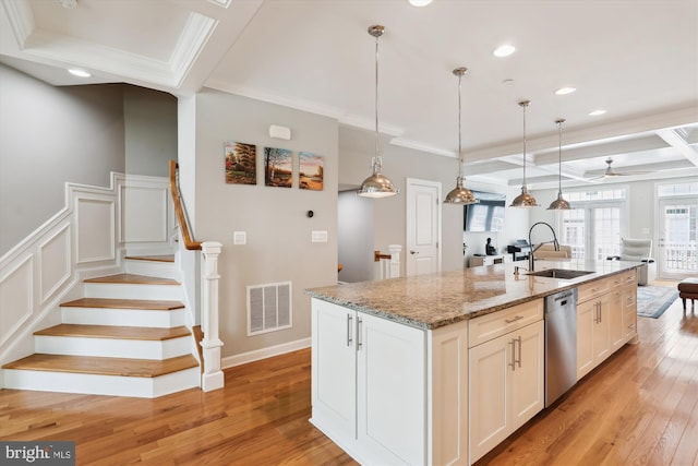 5979 Glen Willow Way, Ellicott City, MD 21043 - kitchen featuring dishwasher, ornamental molding, light wood-type flooring, recessed lighting, and coffered ceiling