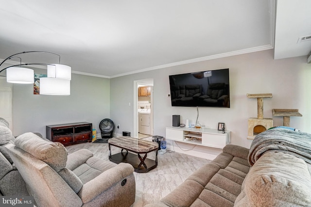 9730 Kingsbridge Dr Unit 002, Fairfax, VA 22031 - living room with washer / clothes dryer and crown molding