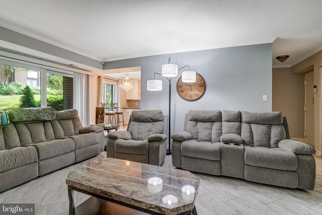 9730 Kingsbridge Dr Unit 002, Fairfax, VA 22031 - living area with crown molding, a chandelier, and light marble finish flooring