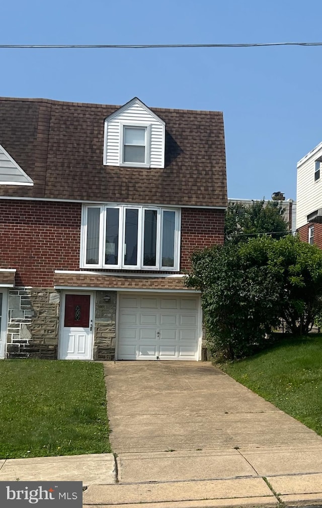 3532 Primrose Rd, Philadelphia, PA 19114 - view of front of home featuring concrete driveway, stone siding, a shingled roof, an attached garage, and brick siding