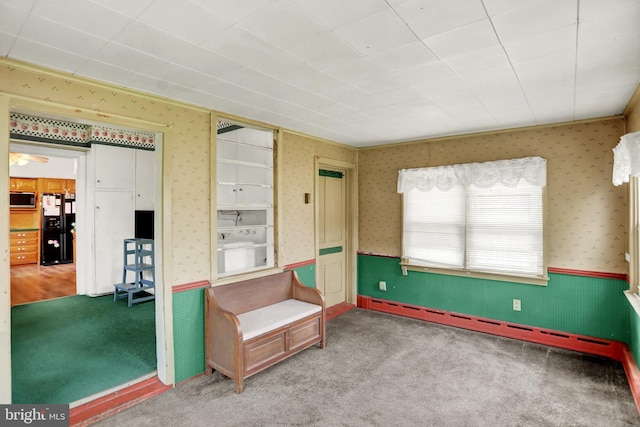 123 N 2nd St, Newport, PA 17074 - living area featuring wallpapered walls, carpet floors, a baseboard heating unit, and a wainscoted wall