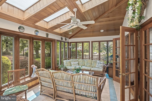 177 Antietam Rd, Delran, NJ 08075 - sunroom / solarium featuring a skylight, wooden ceiling, tile patterned floors, french doors, and healthy amount of natural light