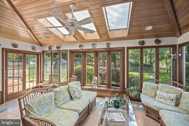 177 Antietam Rd, Delran, NJ 08075 - sunroom / solarium featuring a skylight, wooden ceiling, tile patterned flooring, vaulted ceiling, and french doors