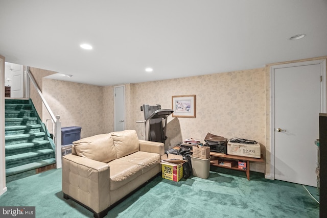 177 Antietam Rd, Delran, NJ 08075 - living area featuring carpet floors, wallpapered walls, stairs, and recessed lighting