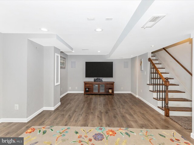 507 Kerwin Ct, Silver Spring, MD 20901 - unfurnished living room with wood finished floors, stairs, and recessed lighting
