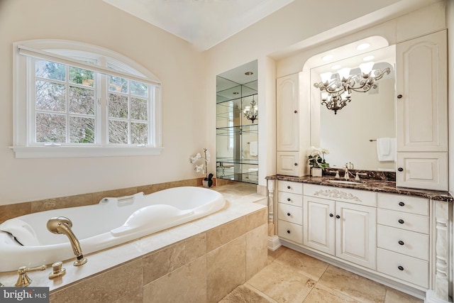 14000 Crossland Ln, Gaithersburg, MD 20878 - bathroom with vanity, a bath, a chandelier, a shower with door, and tile patterned flooring