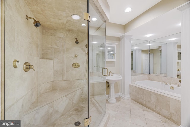 14000 Crossland Ln, Gaithersburg, MD 20878 - bathroom featuring a shower stall, a bath, tile patterned floors, and recessed lighting
