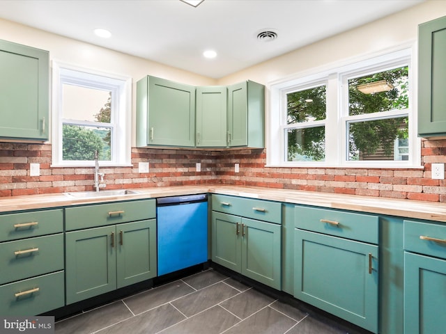 320 Valley View Ave, Keyser, WV 26726 - kitchen with dishwashing machine, green cabinetry, and dark tile patterned flooring