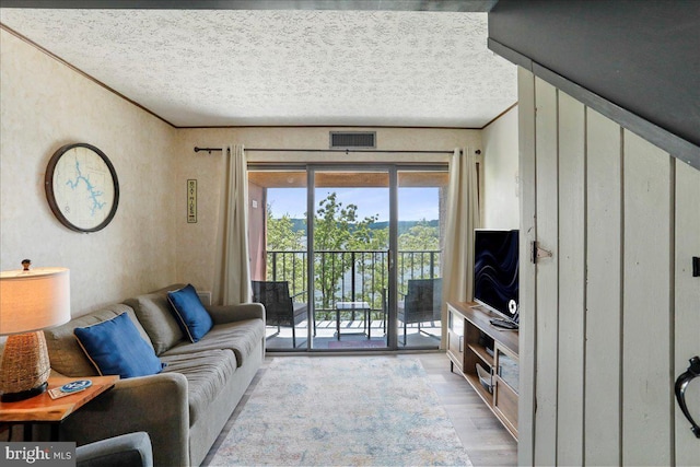 20160 Garrett Hwy Unit H708, Oakland, MD 21550 - living room featuring wood finished floors, a textured ceiling, and crown molding