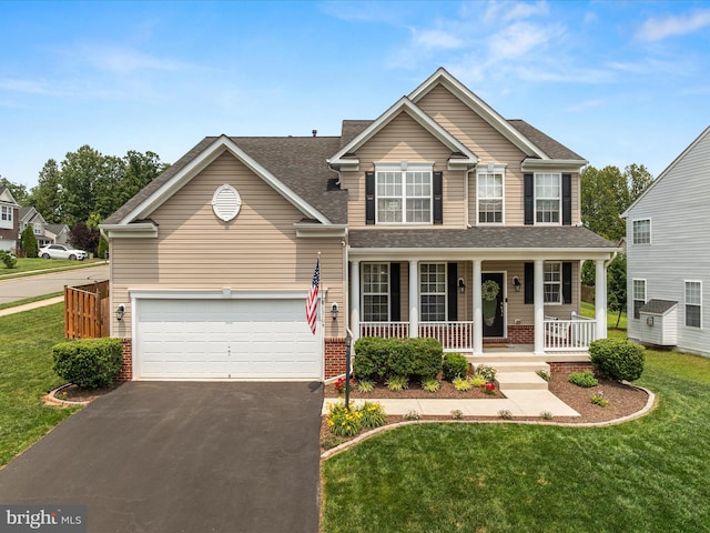 15164 Santander Dr, Gainesville, VA 20155 - traditional-style house featuring a porch, driveway, a front lawn, a garage, and roof with shingles