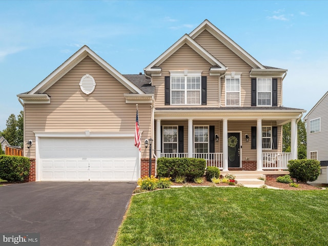 15164 Santander Dr, Gainesville, VA 20155 - traditional-style home featuring asphalt driveway, covered porch, a front lawn, a garage, and brick siding