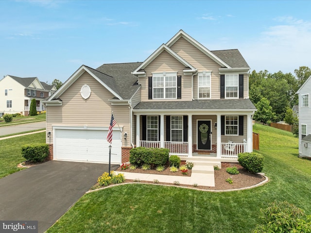 15164 Santander Dr, Gainesville, VA 20155 - view of front facade featuring a porch, asphalt driveway, a front yard, brick siding, and a shingled roof