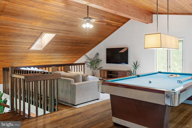 4 Bunkers Ct, Grasonville, MD 21638 - living room featuring wood ceiling, wood finished floors, ceiling fan, a skylight, and billiards table