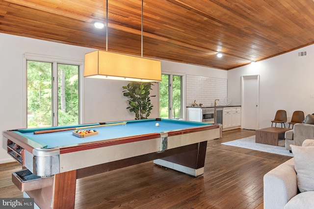 4 Bunkers Ct, Grasonville, MD 21638 - recreation room with pool table, wooden ceiling, and dark wood-style flooring