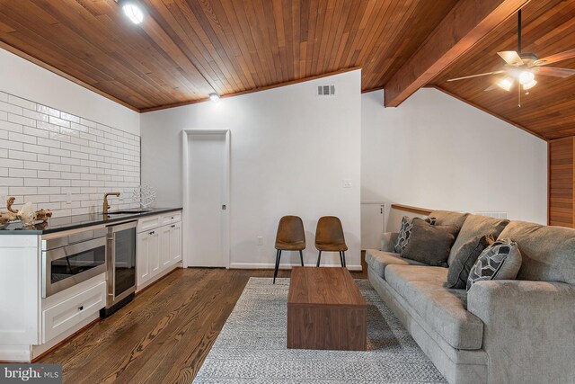 4 Bunkers Ct, Grasonville, MD 21638 - living area with wine cooler, dark wood-style flooring, a ceiling fan, and wooden ceiling