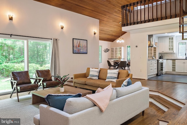 4 Bunkers Ct, Grasonville, MD 21638 - living area featuring wood ceiling, high vaulted ceiling, a chandelier, and dark wood-style flooring