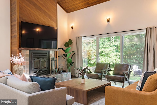 4 Bunkers Ct, Grasonville, MD 21638 - living area featuring wood ceiling, high vaulted ceiling, and a fireplace