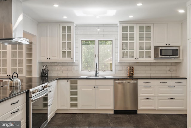 4 Bunkers Ct, Grasonville, MD 21638 - kitchen featuring appliances with stainless steel finishes, island range hood, white cabinets, recessed lighting, and backsplash