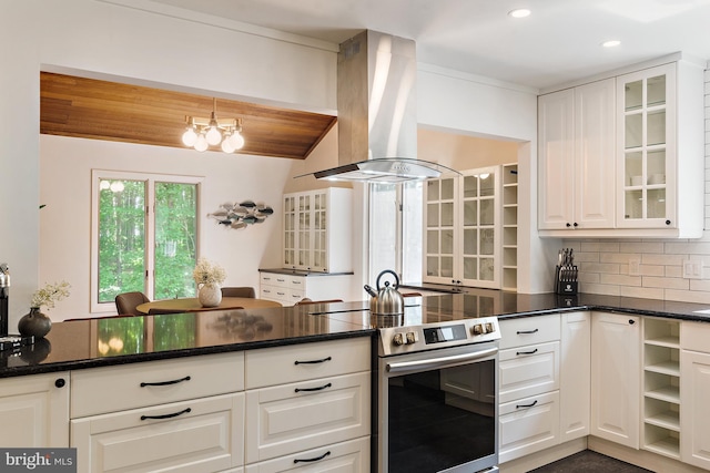 4 Bunkers Ct, Grasonville, MD 21638 - kitchen featuring stainless steel range with electric cooktop, island range hood, open shelves, white cabinetry, and recessed lighting