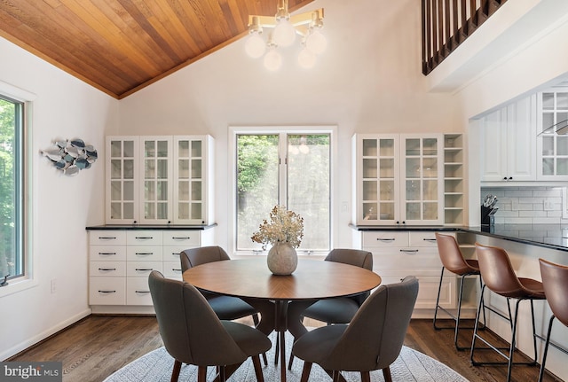 4 Bunkers Ct, Grasonville, MD 21638 - dining room with healthy amount of natural light, a chandelier, wood ceiling, dark wood finished floors, and high vaulted ceiling