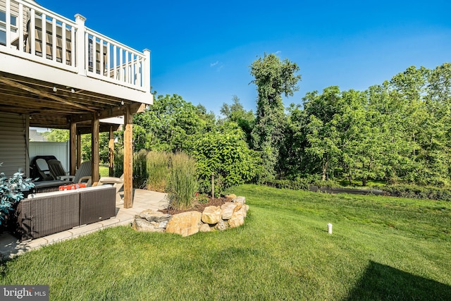 621 Thomas Penn Dr, West Grove, PA 19390 - view of grassy yard with a wooden deck, an outdoor hangout area, and a patio