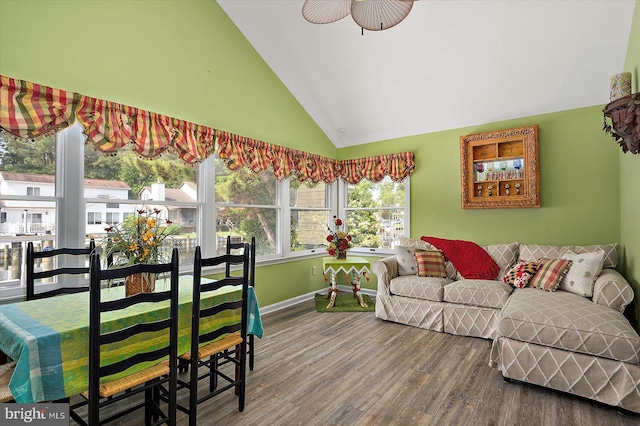 352 Ocean, Ocean Pines, MD 21811 - living room featuring wood finished floors, ceiling fan, and high vaulted ceiling