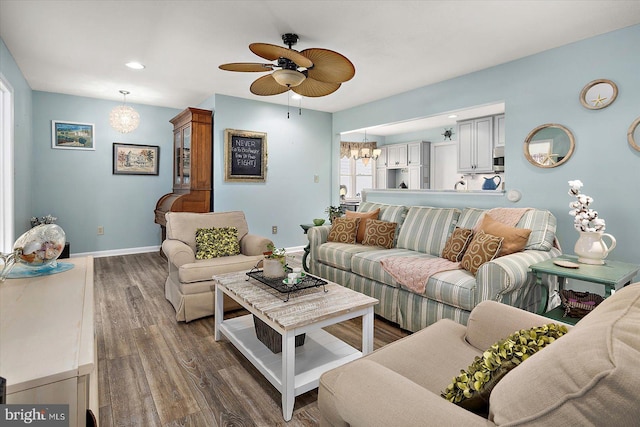 352 Ocean, Ocean Pines, MD 21811 - living area with a ceiling fan, wood finished floors, a chandelier, and recessed lighting