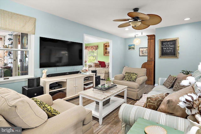 352 Ocean, Ocean Pines, MD 21811 - living area featuring wood finished floors, a ceiling fan, and recessed lighting