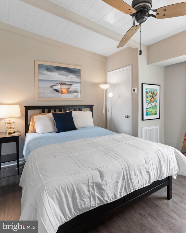 308 Forbes St Unit P, Annapolis, MD 21401 - bedroom featuring wood finished floors, a wooden ceiling with exposed beams, and a ceiling fan