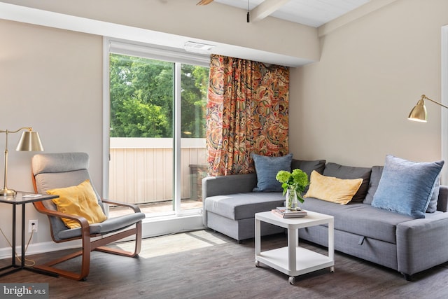 308 Forbes St Unit P, Annapolis, MD 21401 - living room with wood finished floors, beamed ceiling, and ceiling fan