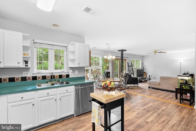 17391 Arrowood Pl, Round Hill, VA 20141 - kitchen with stainless steel dishwasher, open shelves, a ceiling fan, white cabinets, and light wood-type flooring