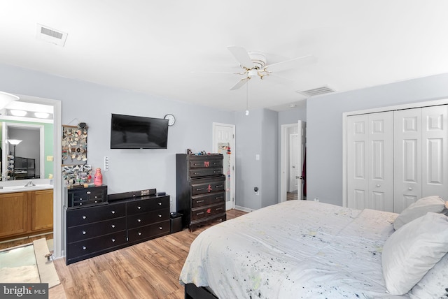 17391 Arrowood Pl, Round Hill, VA 20141 - bedroom featuring light wood-style floors, a closet, ceiling fan, and ensuite bath